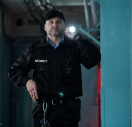 Mature male security guard in uniform and cap lighting forward with flashlight while moving along corridor of old building